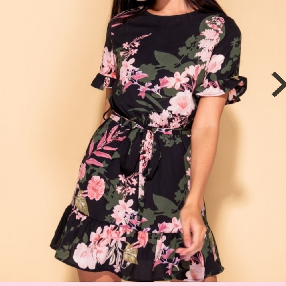 floral frill hem tie waist  mini dress